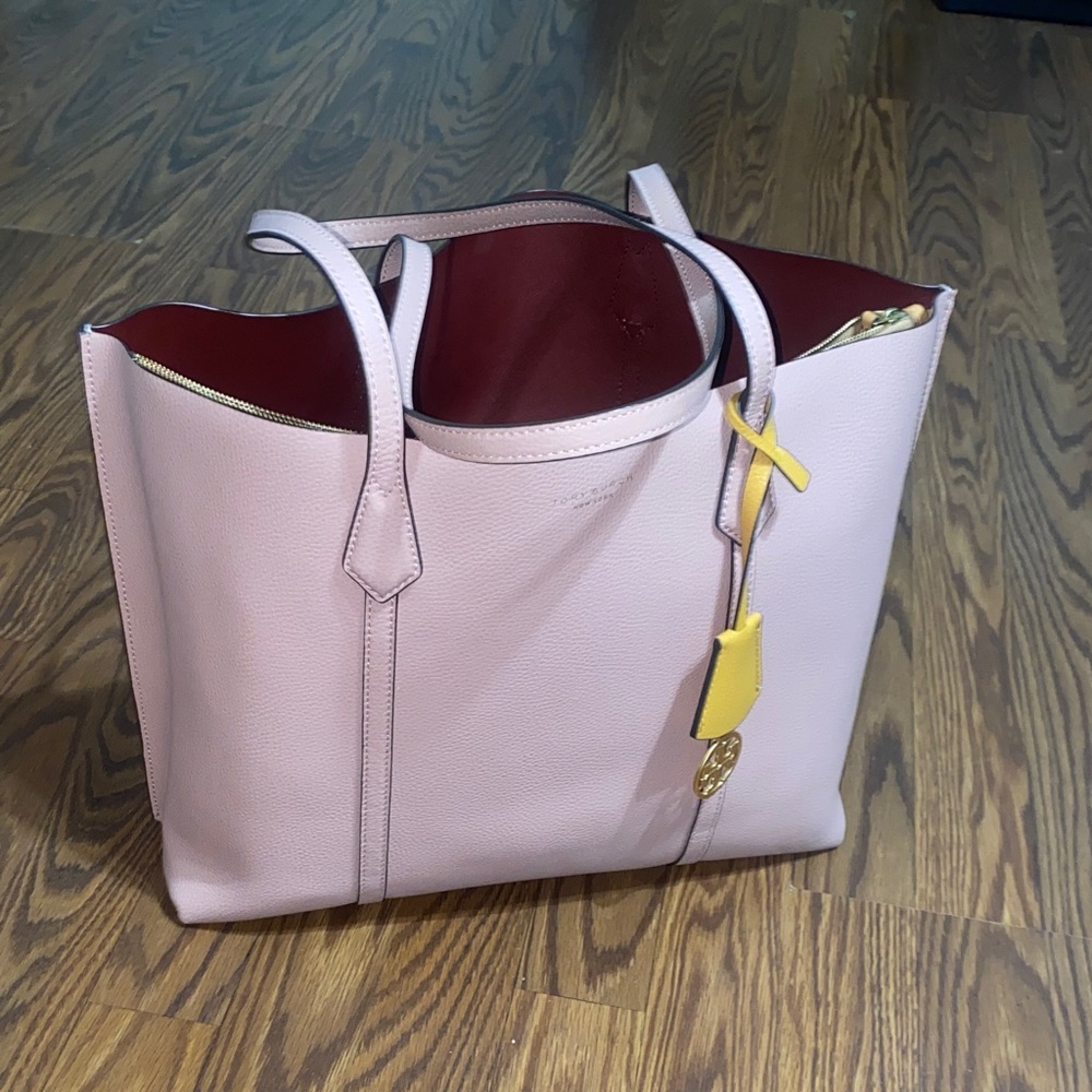 TORY BURCH Perry Triple Compartment Zipper Tote Bag Pebbled Leather Pink Moon